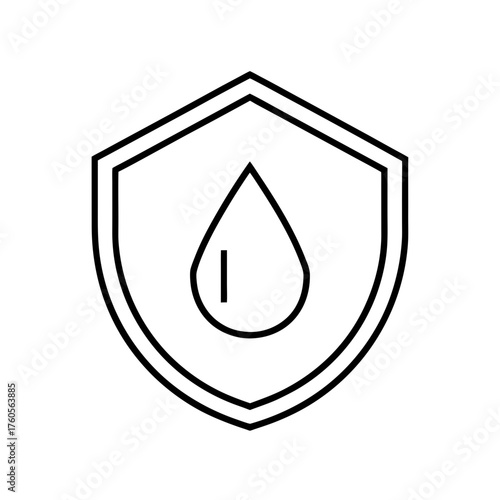 Outline drawing of a shield with a water drop inside on transparent background