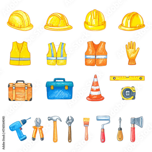 Colorful vector set of construction tools and safety gear, including helmets, vests, gloves, toolboxes, hand tools, and measuring devices. Ideal for building, repair, and industrial-themed designs.