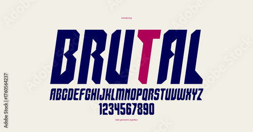 Urban massive geometric font for logos and emblems, minimal strong vector typeface, typography with no round elements, only corners and straight lines geometry, italic version.