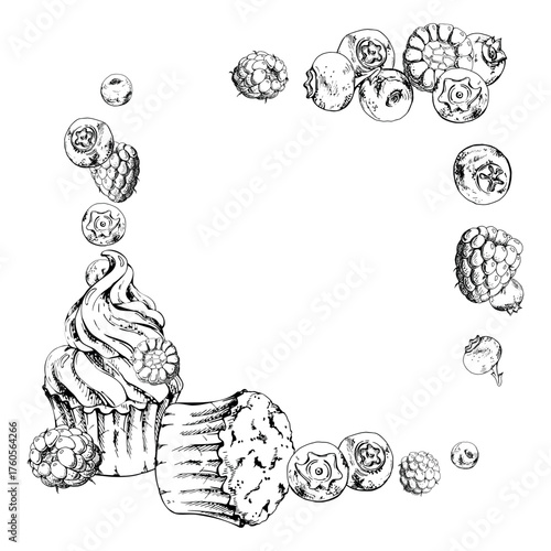 Scattered mixed berries on vector ink cupcake muffin with blueberry and raspberry mousse swirl. Hand drawn isolated corner illustration. Culinary invite frames, kitchen signage, card embellishment art