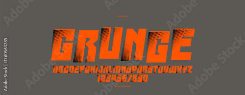 Halftone dotted futuristic cyberpunk font for logos and posters, vector brutal industrial typeface alphabet letters and numbers, urban technic future typography, italic version.