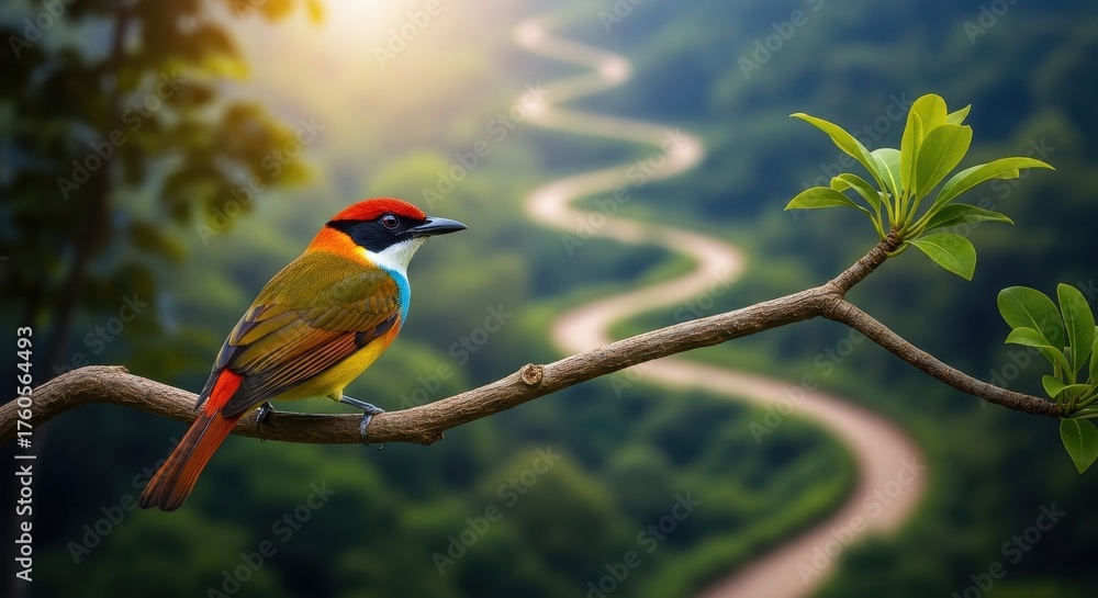 Obraz premium Colorful bird perched on a branch observing a winding road
