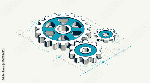 Mechanical engineering concept, gears and cogs with project drawing draft isometric 3D vector illustration, cogwheels system technology and technics machinery engine.