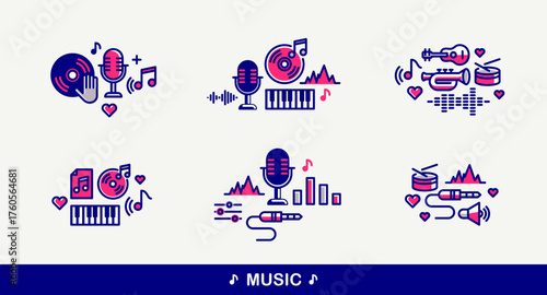 Sound producing and audio engineering vector detailed icons set, music mix and recording studio bundle, equipment and instruments.