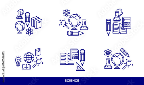 Science vector icons set, physics and chemistry, mathematics and geography, research and experiments.