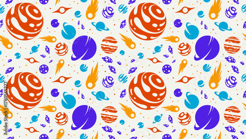 Space seamless background, vector planets and comets flying in cosmos endless wallpaper, astronomy for children tiling pattern, elements easy to use separately.