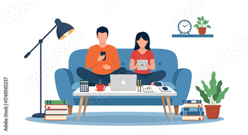 Couple studying together on couch with laptop and books