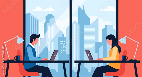 People working on laptops in modern office with city view