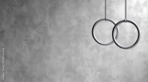 Black and white photograph of two intertwined rings hanging from strings. the rings are made of metal and appear to be made of a shiny, metallic material.