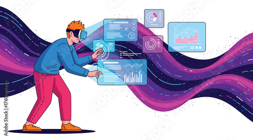 Vector art of a man wearing virtual reality glasses interacts with data and charts in a digital world, he is surrounded by abstract waves and floating screens