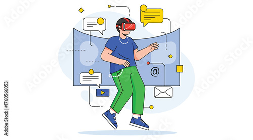 Vector art of a man wearing virtual reality glasses interacts with a digital world, he is surrounded by speech bubbles and icons, suggesting communication and connection