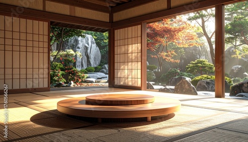 Serene Japanese interior with zen garden vista