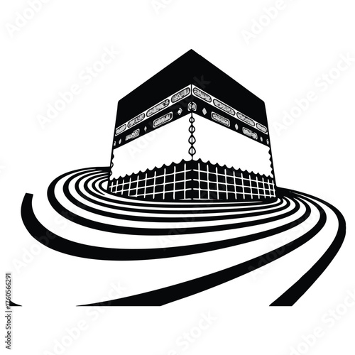 Black and white vector drawing of the Kaaba in Mecca. The Kaaba is shown with its Kiswa covering, set on a stripped floor design.