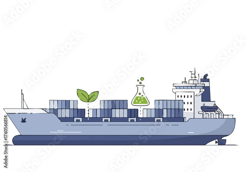 A container ship emits a 'Clean Sea Flow' plume of methanol, symbolizing sustainable shipping. Modern illustration style.
