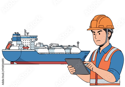 A construction worker wearing a hard hat and safety vest examines an LNG carrier with a tablet. Modern illustration style, blue and orange tones, focused composition.