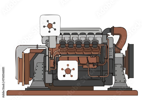 Detailed illustration of a marine engine with ?Sea Energy Ease? branding. Modern, flat design style. Clean, professional composition. Suitable for commercial use.