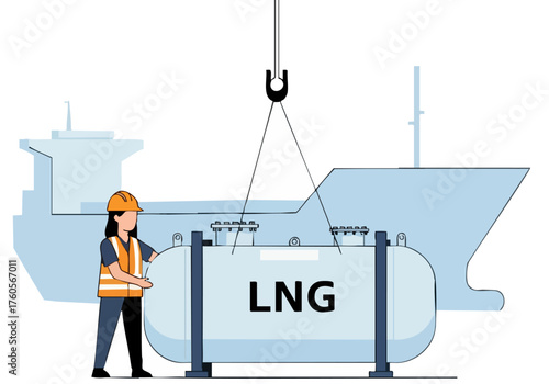 A female engineer secures an LNG tank to a ship's deck using a crane. Clear, professional image showcasing logistics and industrial operations.