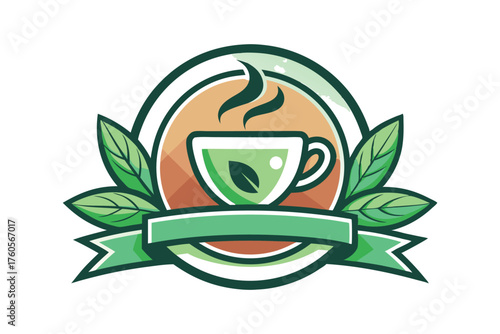 Green Tea Cup Logo with Leaves and Ribbon Banner