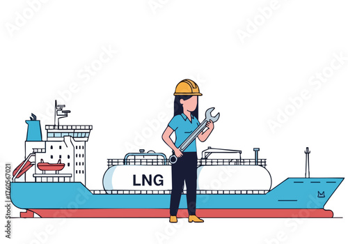 A female engineer stands beside an LNG ship, holding a wrench. Modern illustration style, highlighting ship maintenance and technical expertise. Optimizes Ship.
