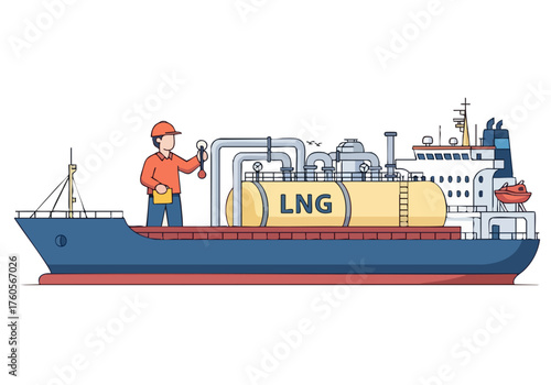 An illustration depicts an LNG carrier with a worker adjusting valves. Modern, clean lines showcase the ship and its operations. Suitable for business and energy themes.