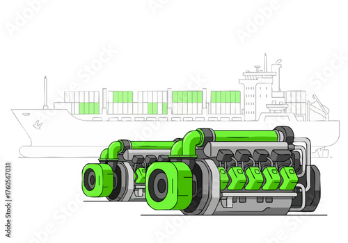 Illustration depicts a container ship powered by ?Eco Fuel Tech? engines. A clean, modern design showcases sustainable maritime technology. Focus on green energy and efficient transport.