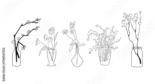Set of Flowers line drawing vector art in a vase for decoration	