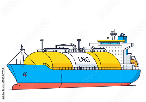An LNG carrier, ?Active Fuel Flow,? showcases a vibrant blue hull with yellow tanks. A clean, modern illustration highlights the ship?s design. Ideal for energy, logistics, and maritime themes.