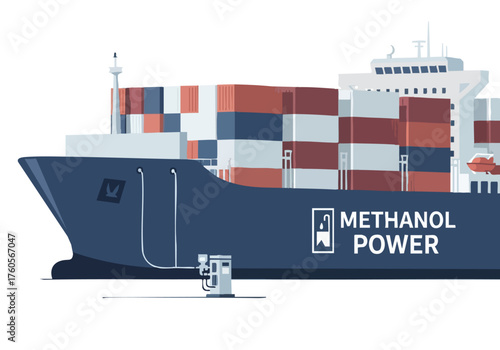 A large container ship receives methanol fuel, showcasing a sustainable energy solution. Modern illustration with a focus on maritime transport and green technology.