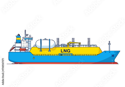 LNG carrier -Active Fuel Flow- showcases vibrant yellow hull with blue accents This detailed illustration highlights the ship-s design and -LNG- branding
