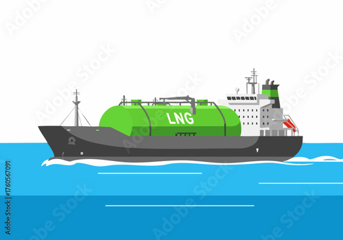 An LNG tanker navigates the ocean, showcasing ?Eco LNG Tech?. A modern, clean illustration highlights sustainable energy solutions. Ideal for environmental or energy-related visuals.