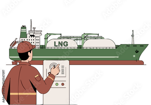 LNG tanker undergoes -Sustainable Tech Check- inspection A worker examines a control panel highlighting technological oversight and environmental responsibility Clean modern illustration