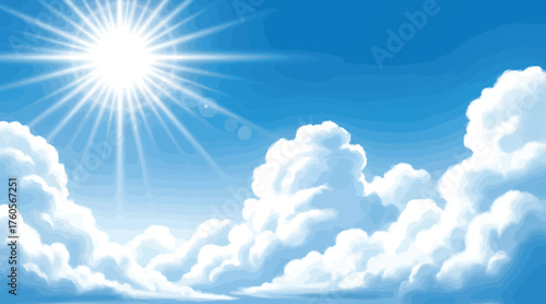 Vector art of a bright sun shining in a blue sky with fluffy white clouds, creating a serene and picturesque scene, evoking feelings of warmth, happiness, and tranquility