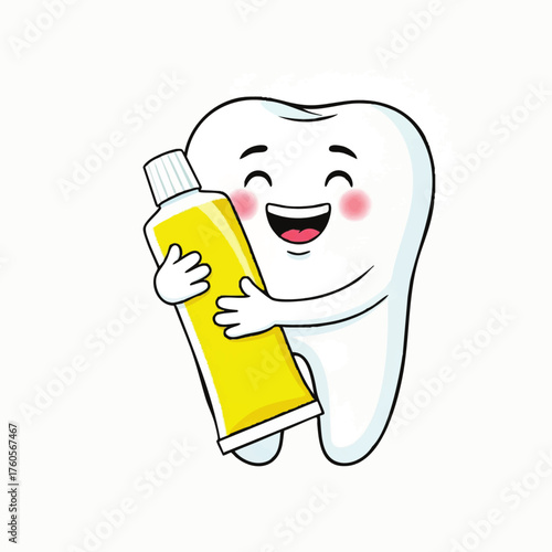Cute cartoon tooth character holding a tube of toothpaste for dental hygiene concept.