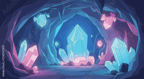 Explore a vibrant crystal cave with glowing pink and blue gems, perfect for fantasy games, storybooks, or enchanting backgrounds in digital art projects.