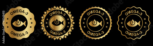 Omega 3 Seal Design Gold Fish Oil Label Badge Vector