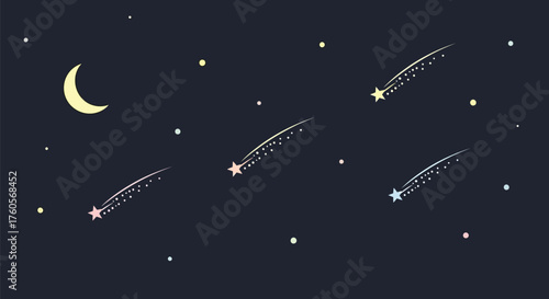 Magical night sky with pastel shooting stars and crescent moon, perfect for children's book illustration or whimsical designs for dreamers