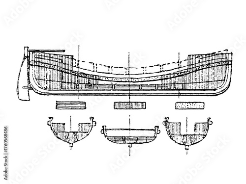 The hull plan of a wooden sailing ship with an iron keel, old vintage illustration, 1879