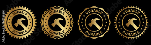 Durable Badge Logo Hammer Icon Gold Label Emblem Vector Design