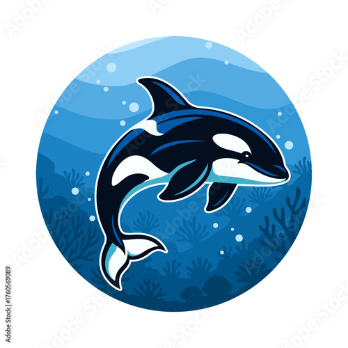 Orca logo vector illustration template. Design sticker in circle