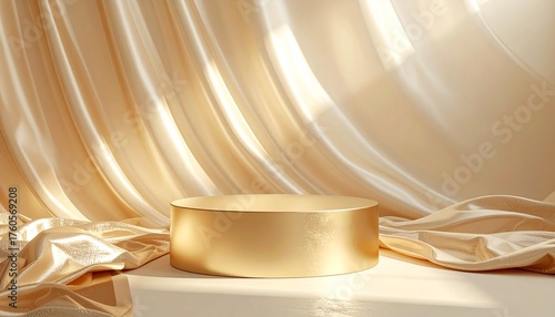 Luxurious golden cylinder stage with elegant fabric backdrop