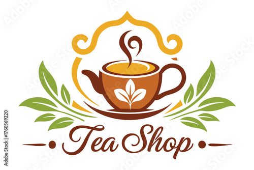 Tea Shop Logo with Teapot, Steam and Green Leaves