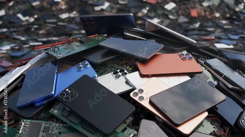 Electronic waste pile of broken discarded smartphones