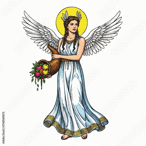 Illustration of a winged goddess holding a cornucopia filled with fruits and vegetables.