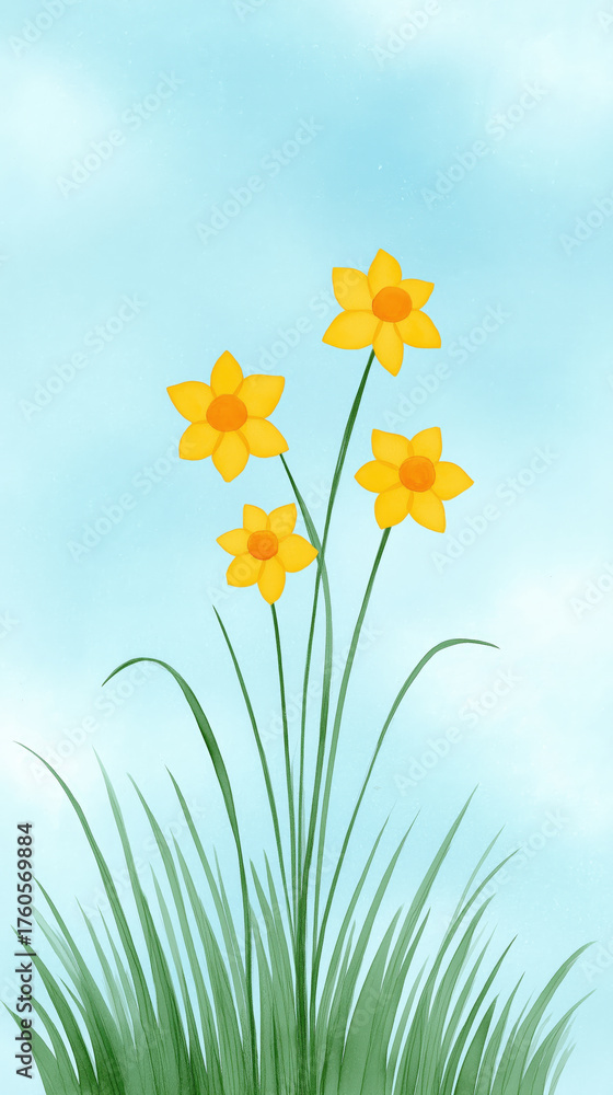 Fototapeta premium Yellow flower with green grass and blue sky background in spring