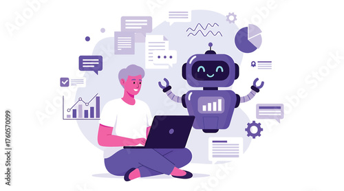 Vector art of a man sitting crosslegged with a laptop and a robot, surrounded by data charts and documents illustrates data analysis, automation, and ai