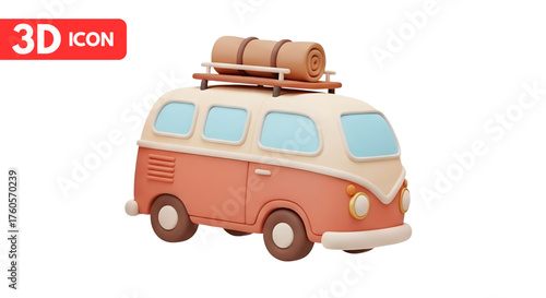 3d cartoon camper van with luggage for travel icon PNG