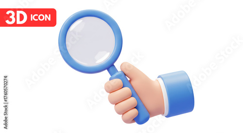 3d cartoon hand holding magnifying glass icon PNG