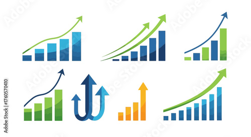 Set of six bar charts with upward trending arrows illustrating financial growth and positive economic performance