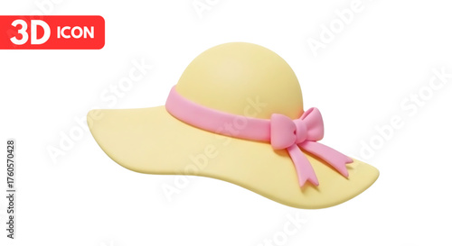 3d summer hat icon with bow isolated on white PNG