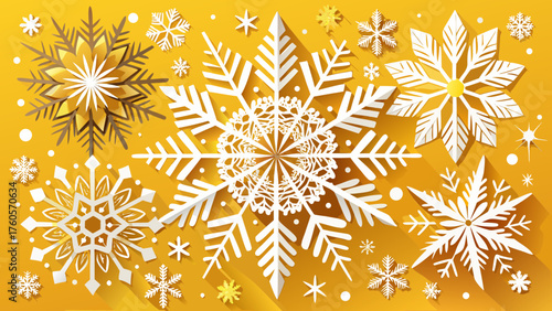 Very beautiful Christmas illustration with delicate white paper snowflakes of various intricate designs gracefully arranged across a warm yellow background, creating a festive and elegant winter 